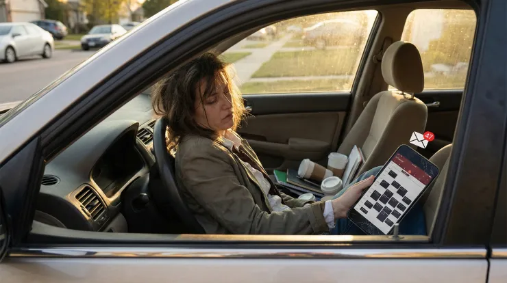 A solopreneur in their car between meetings staring at a phone with a packed calendar and 47 unread emails