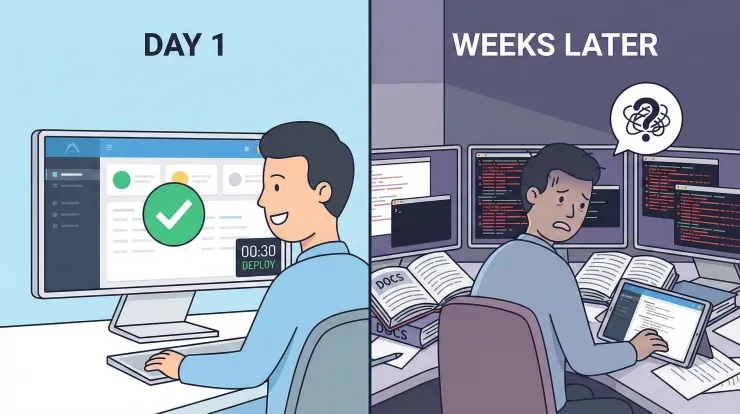 Split screen: easy 30-second server deploy on the left vs weeks of configuration and error logs on the right