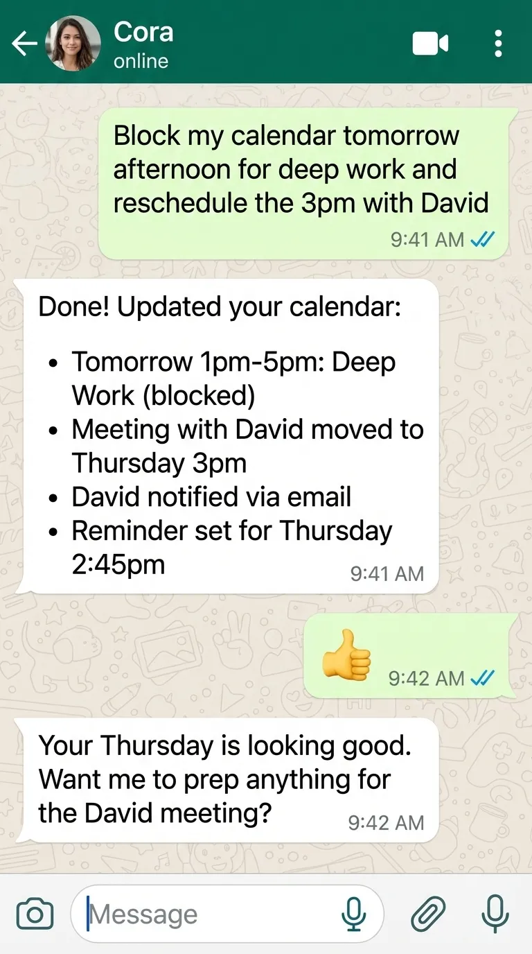Cora managing calendar blocks and rescheduling meetings