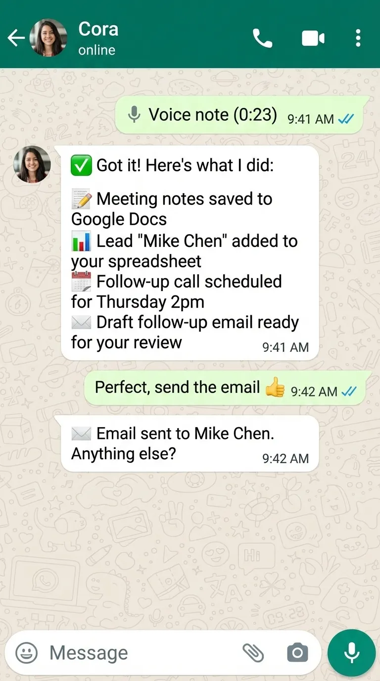 Cora processing a voice note into meeting notes, leads, and follow-ups