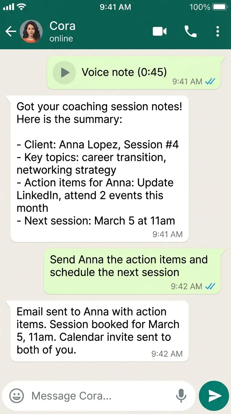 Cora summarizing a coaching session and sending action items