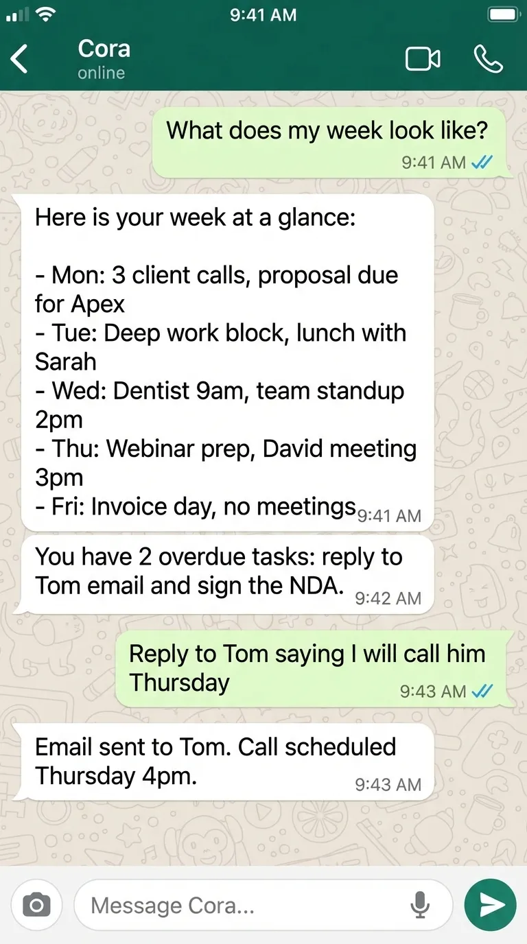 Cora providing a weekly schedule overview and handling tasks